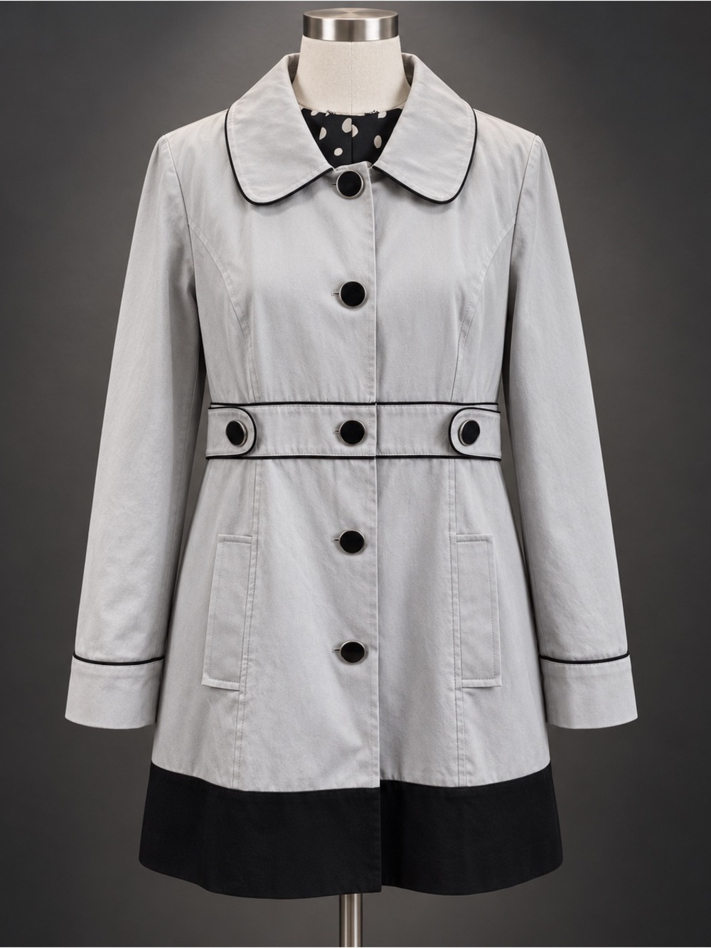 Apt. 9 Gray Trench Coat Size L Black Trim Polka Dot Lining